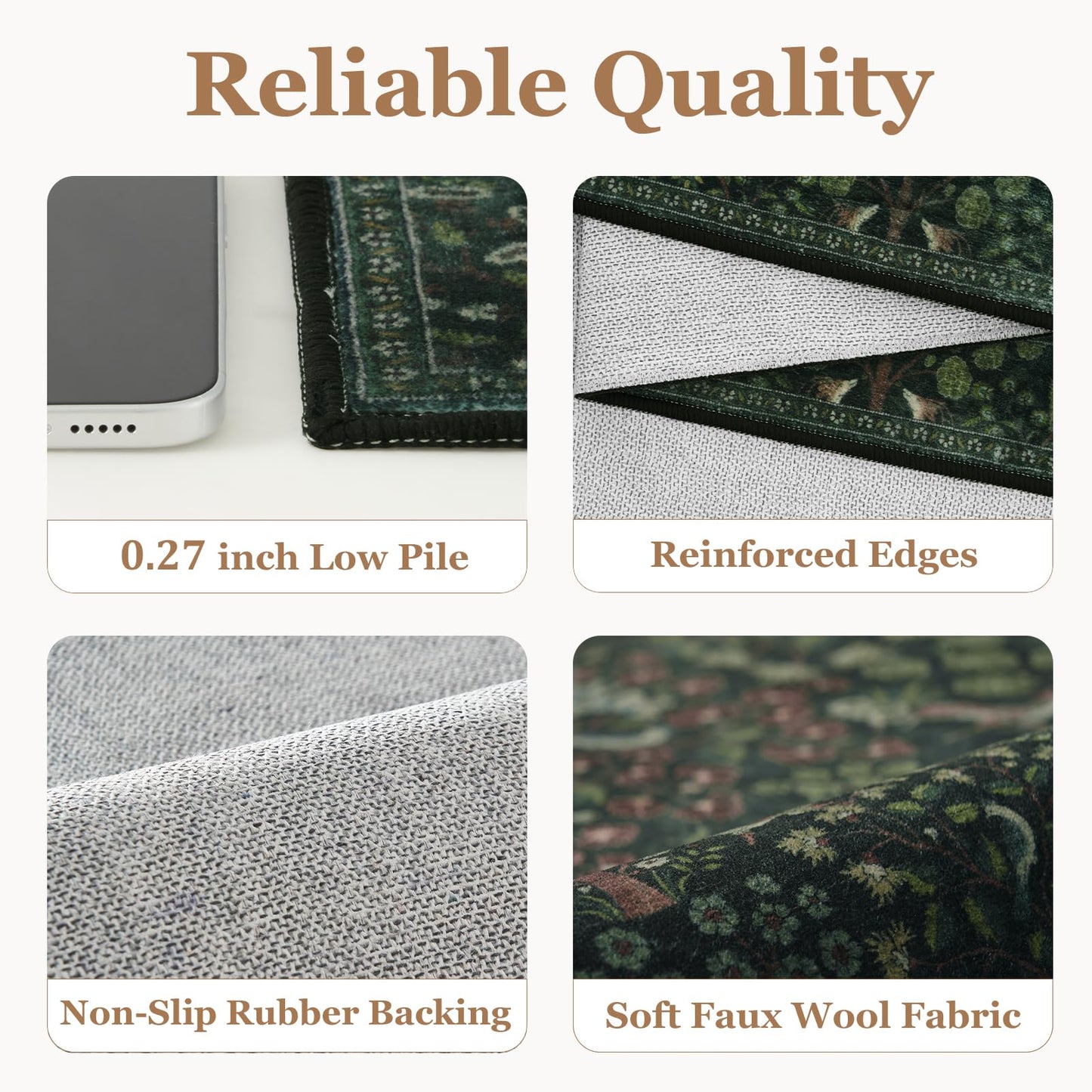 Jainmy Woodland Floral Animal 5x7 Washable Rugs for Living Room, Whimsical Tree of Life Natural Area Rug for Bedroom Nursery, Low Pile Thin Carpet Rugs for Dining Room Home Office Non Slip, Dark Green