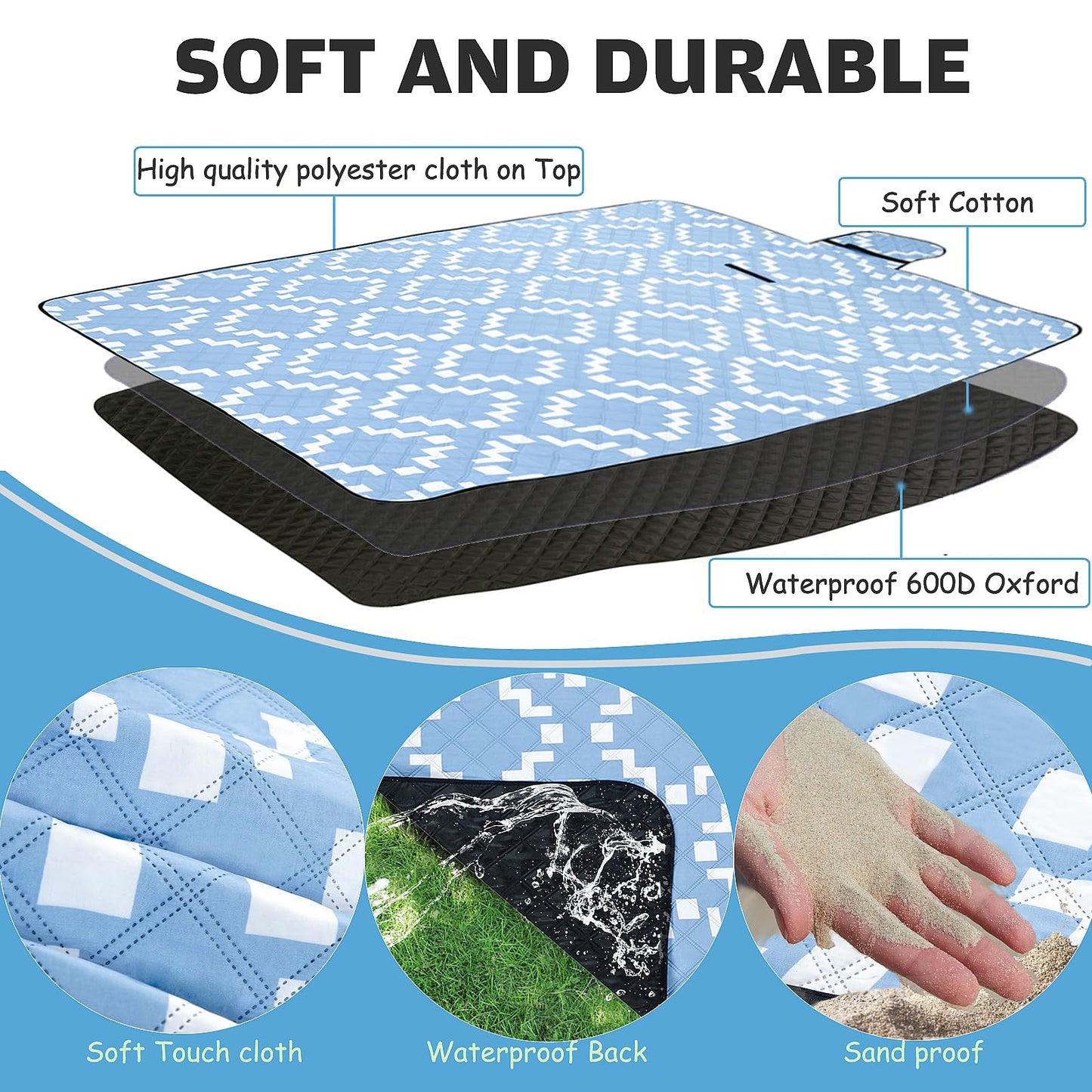 BGJOY Large Picnic Blanket Beach Blanket Waterproof Sandproof Outdoor Blanket Foldable Beach Mat Sandfree Picnic Mat with Carry Strap Lightweight Beach Mat fit 2 to 4 Adults for Beach Grass Lawn Park
