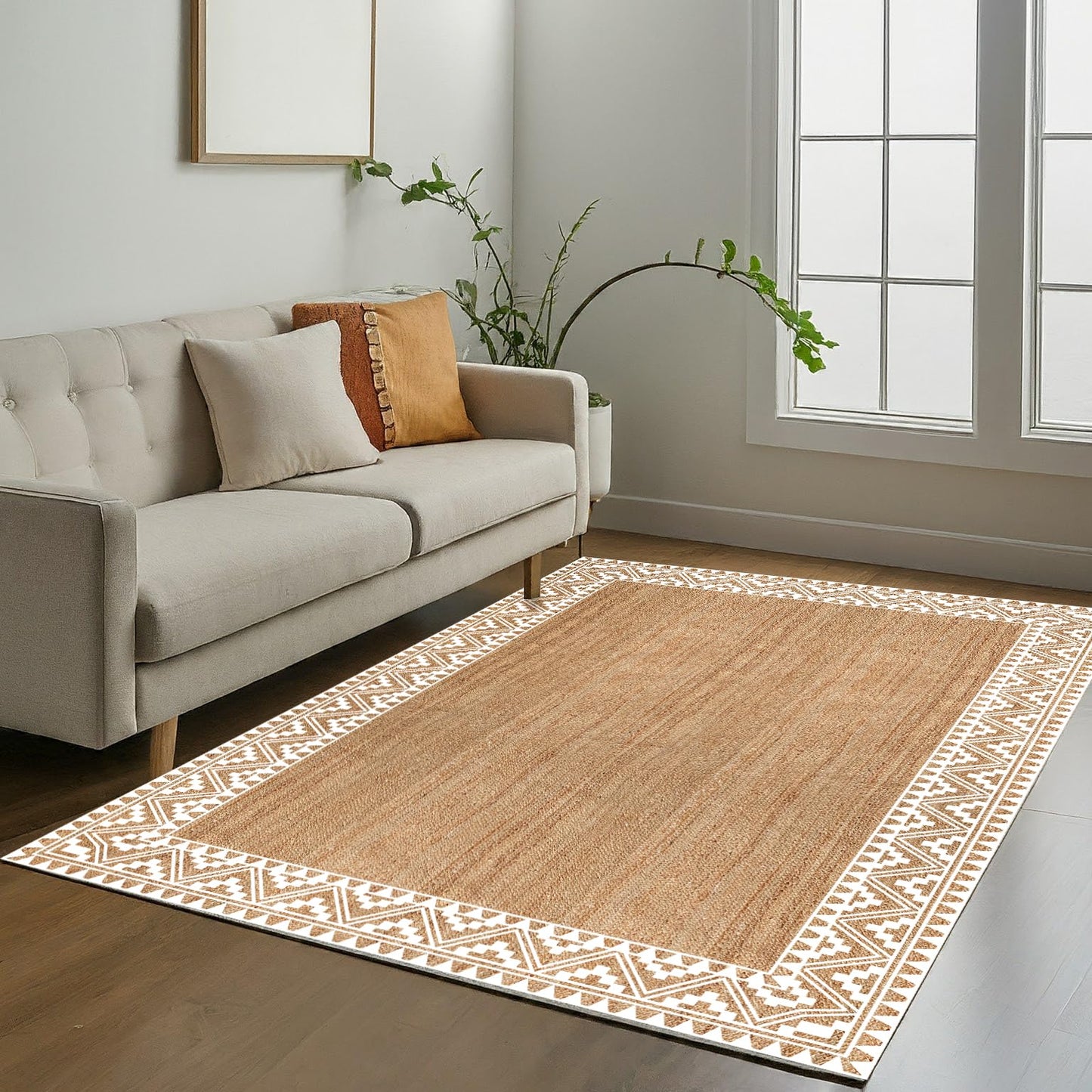 voyzz home 5X8 Feet-Rectangular, Premium Natural Jute Braided Area Rug, White Printed Border, Stain Resistance, Natural Brown, Handmade Rug for Entryways, Living Room, Dining Room, Bedroom, Farmhouse