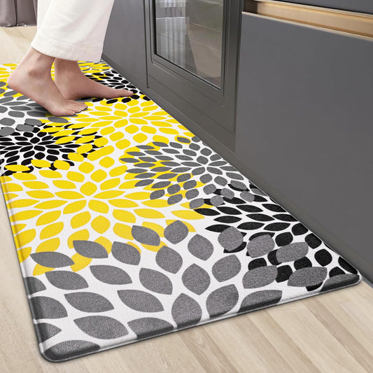 Likiyol Kitchen Mats for Floor Anti-Fatigue Comfort Kitchen Rugs, Boho Flower Cushioned Waterproof Kitchen Decor Mat Thick, 18''x60'', Yellow
