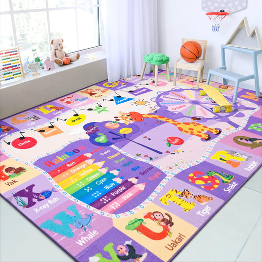 Chicrug Educational Kid Area Rug for Playroom, 4x6 Feet TPR Non Slip Kids Classroom Carpet Rug for Learning ABC Animal, Shape Color Fruit, Washable Play Mat Rug for Children Nursery Toddler Room Decor