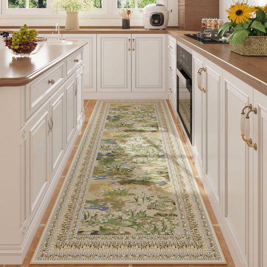 Rugcomf 2x6 Runner Rug Impressionist-Style Vintage Kitchen Rugs Non Slip Washable Soft Carpet Runner for Kitchen Laundry Bedroom Bathroom, Beige
