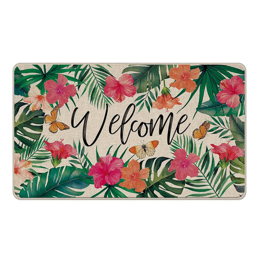 Livcoz Welcome Spring Summer Tropical Plants Front Door Mat, Hibiscus Flower Palm Leaves Butterfly Doormat Non-Slip Floor Entryway Rug, Floral Botanical Indoor Outdoor Home Kitchen Decor 17''x29''