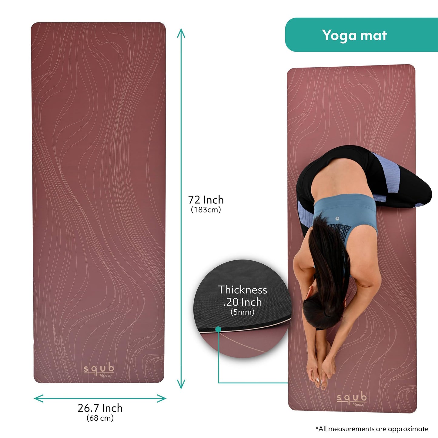 Premium PU & Natural Rubber, Yoga Mat Thick 5mm – Non Slip Exercise Mat Workout Surface, Extra Large 72'' x 27'' Wide Design, Pilates Fitness Training – Includes Strap & Carry Bag