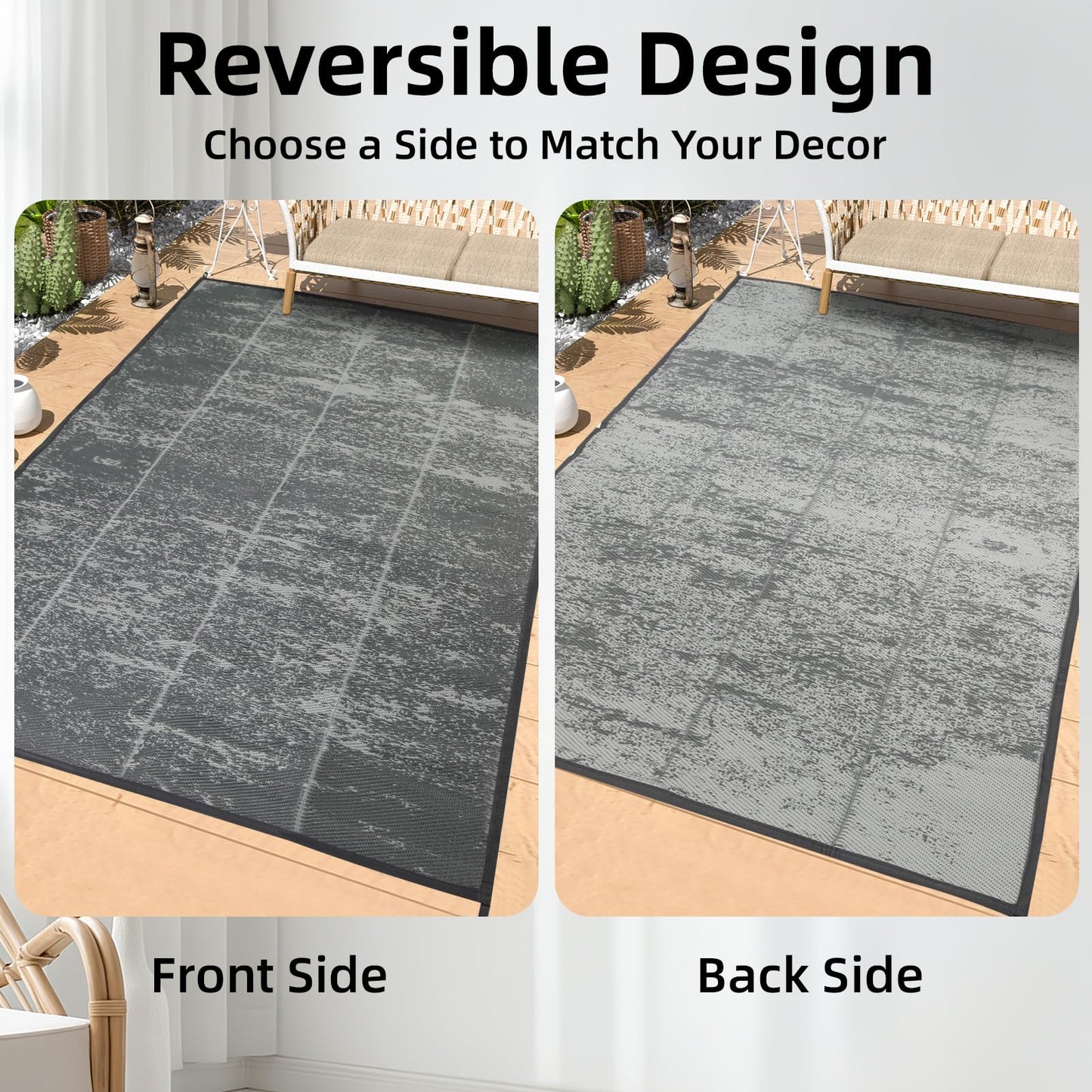 8'x 10' Outdoor Rug,Waterproof Reversible Patio Rugs,8x10 ft Plastic Straw Outdoor Carpet Foldable Plastic Camping Mat for Outside RV, Patio,Picnic,Camper,Balcony,Porch(Deep Gray)