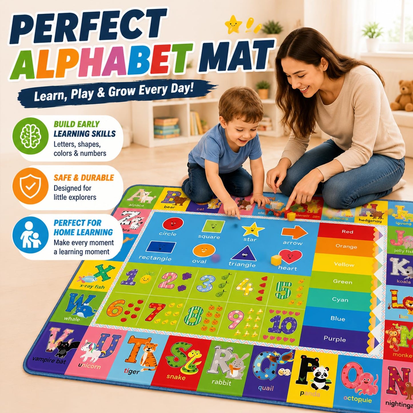 ABC Carpet,Kids Carpet for Playroom, Classroom Floor Play Mat for Kids,Preschool Rugs wtih ABC, Numbers, Animals, Extra Large Thick (59X39.4 Inch)