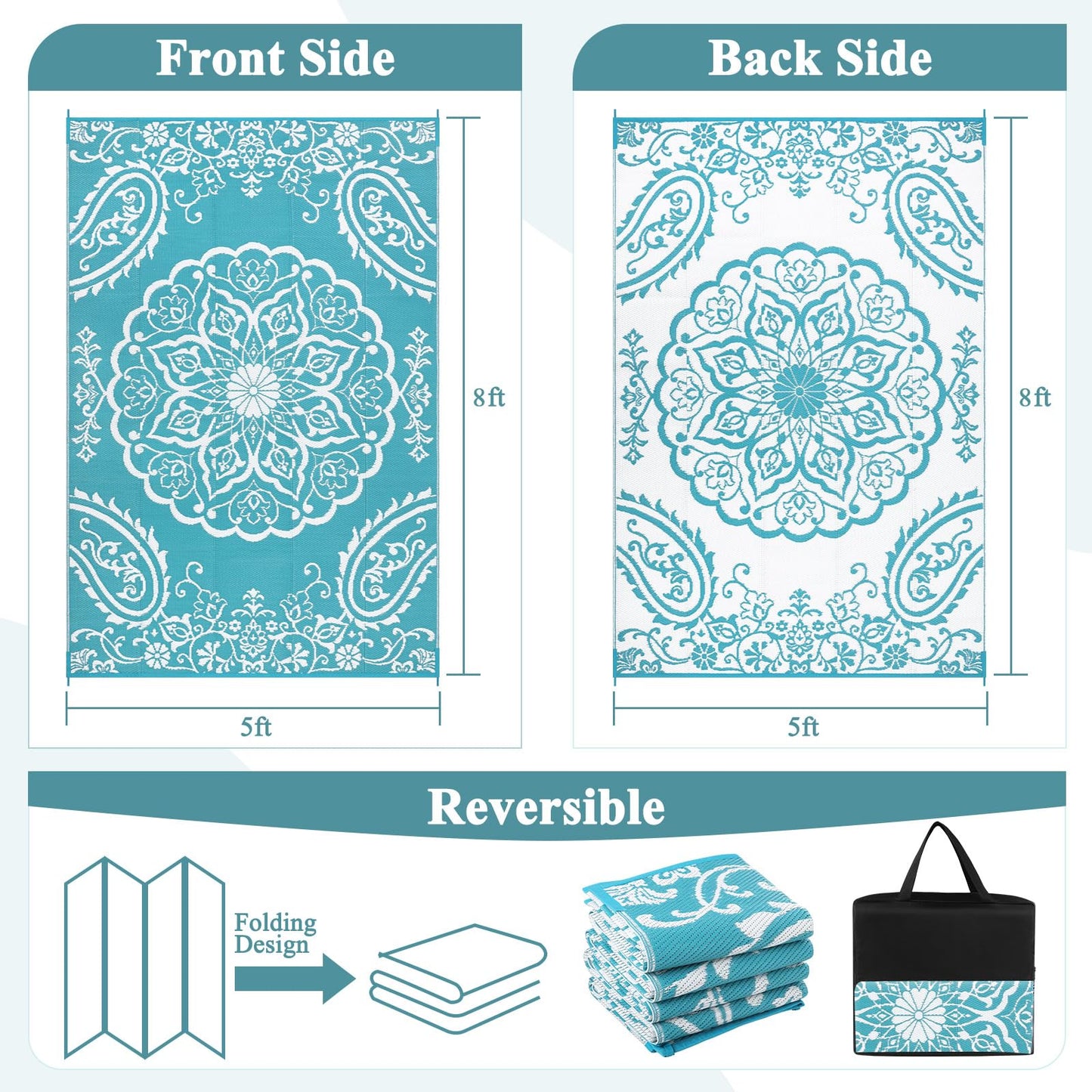 Pauwer Waterproof Outdoor Rug 5x8, Reversible Plastic Straw Patio Camping Rug, Indoor Outdoor RV Mat Carpet for Deck, Camper, Porch, Balcony, Backyard, Picnic, Boho Teal