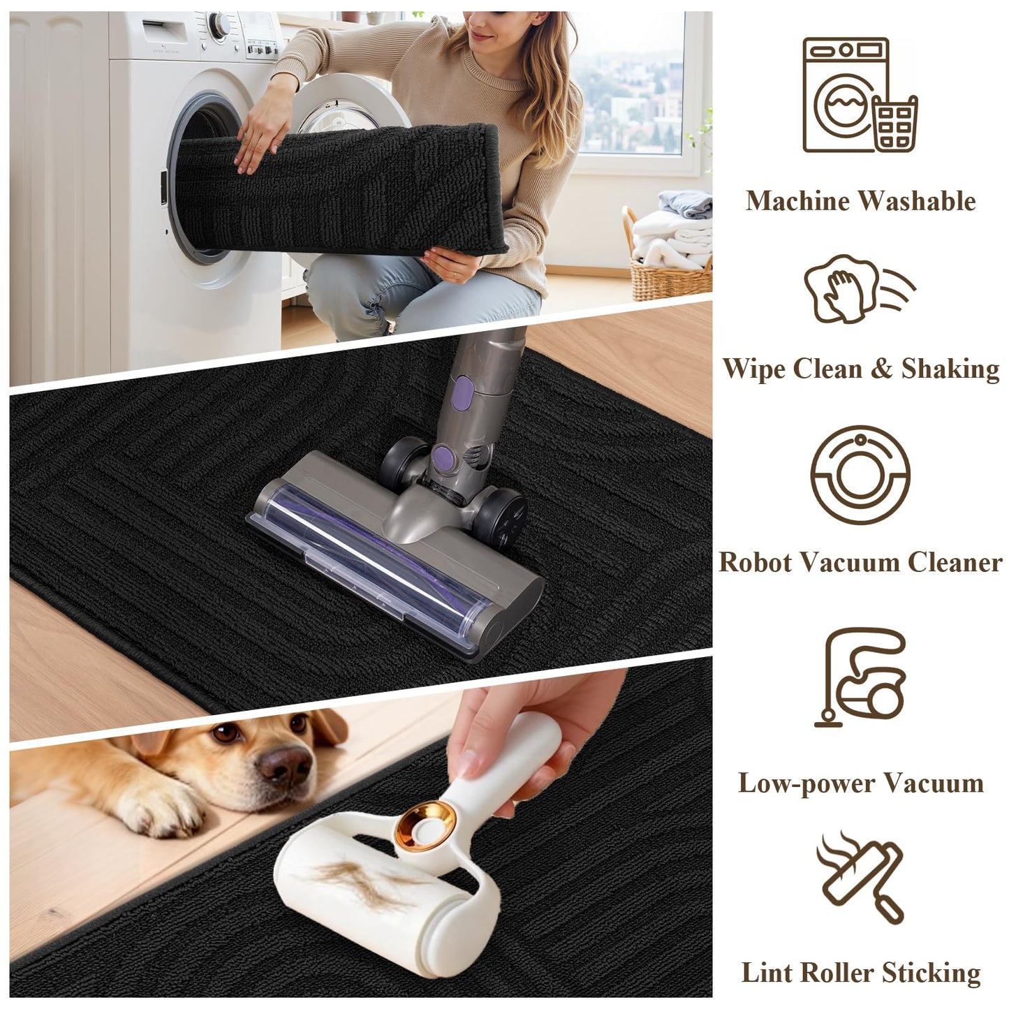U'Artlines Kitchen Rugs and Mats Set of 3, Non Skid Washable Black Geometric Kitchen Mats for Floor, Absorbent and Stain Resistant Floor Mat for Laundry, Sink Decor 20x32+20x48+20x59