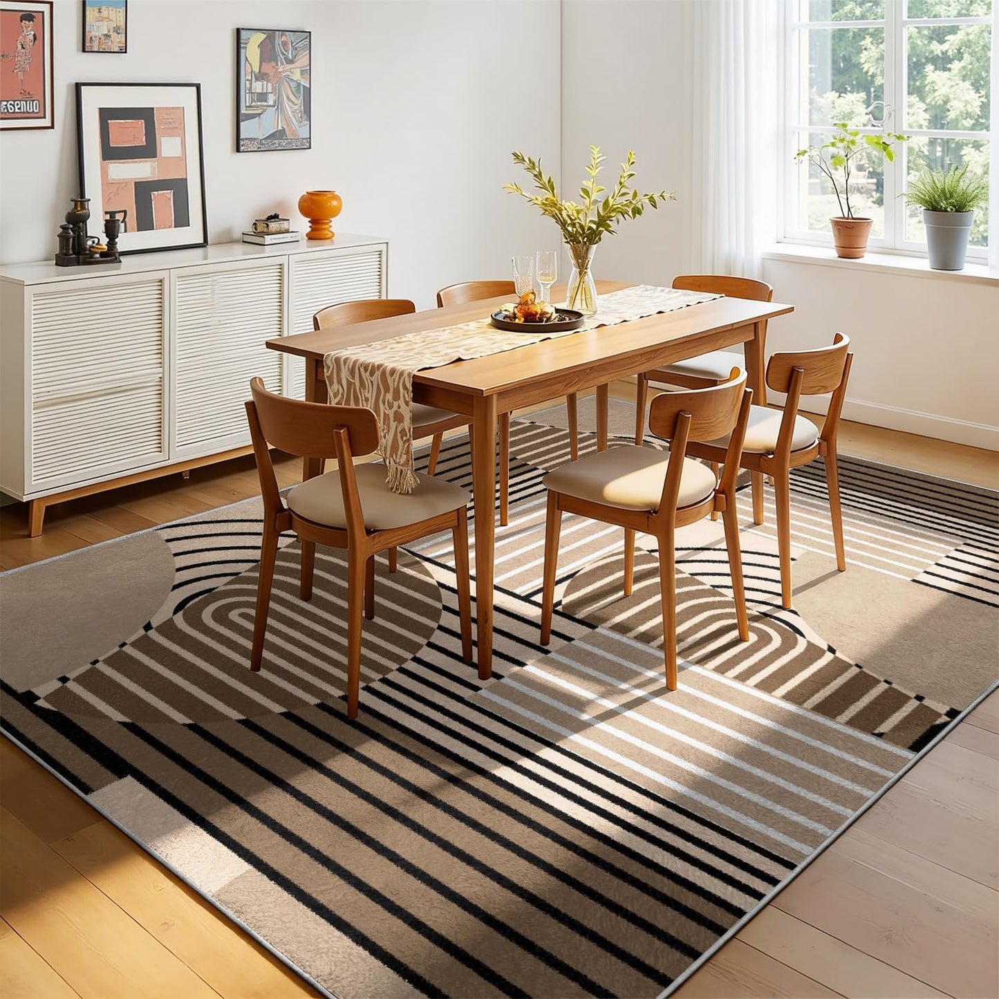 5x7 ft Mid Century Modern Geometric Area Rug, Boho Brown Beige Abstract Carpet, Soft Non-Slip Living Room Rug for Bedroom & Office, Washable Low Pile Floor Mat, Easy to Clean