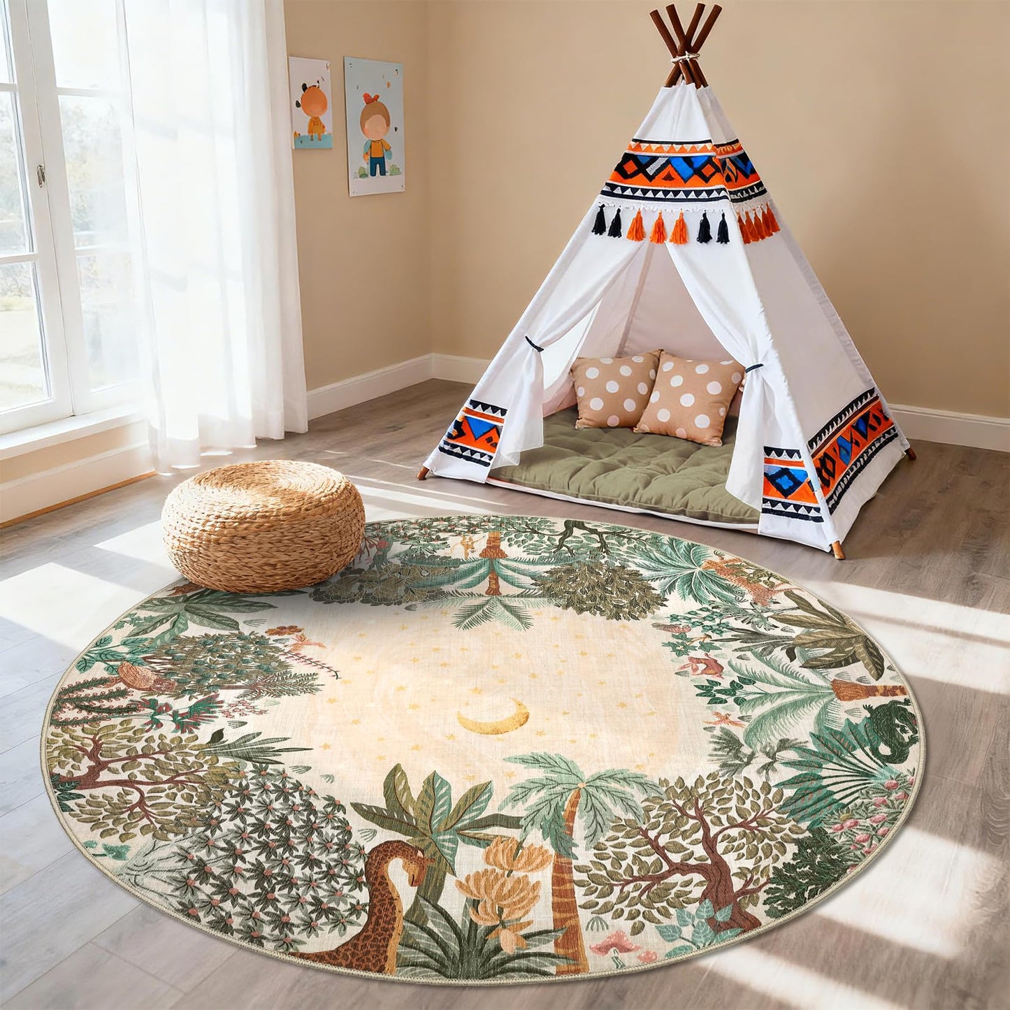 GarveeHome Round Area Rugs 4ft for Kids Room, Beige Jungle Washable Circle Rug Soft Non Slip Forest Animal Print Floor Mat Tiger Carpet Indoor Thin Tent Rug for Bedroom Dining Room Playroom Nursery