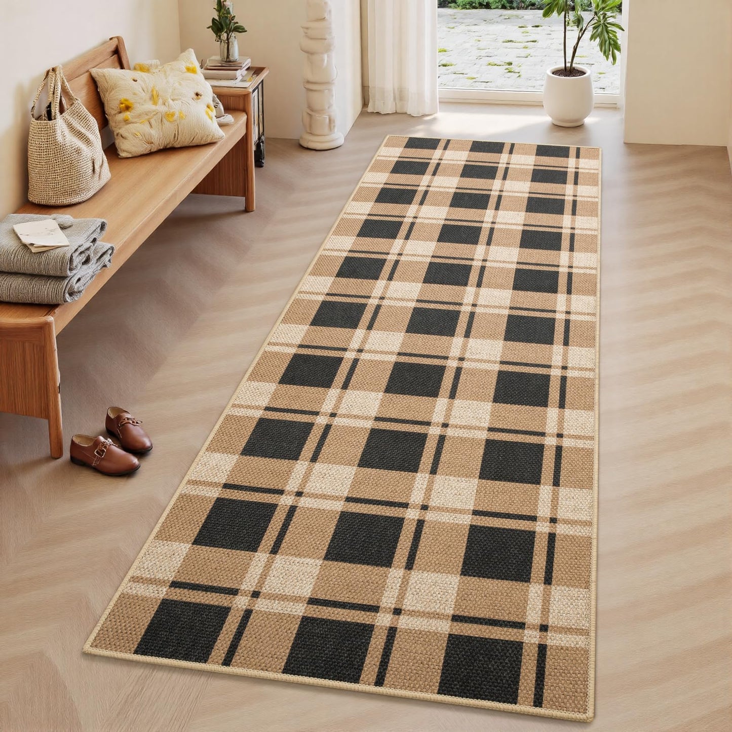 AROGAN Checkered Jute Runner Rug for Hallway, 2x6 Kitchen Runner Washable Rugs Carpet, Long Farmhouse Design Geometric Rugs for Entryway Indoor Laundry Welcome Mat 6 Ft Entry, Black and Brown