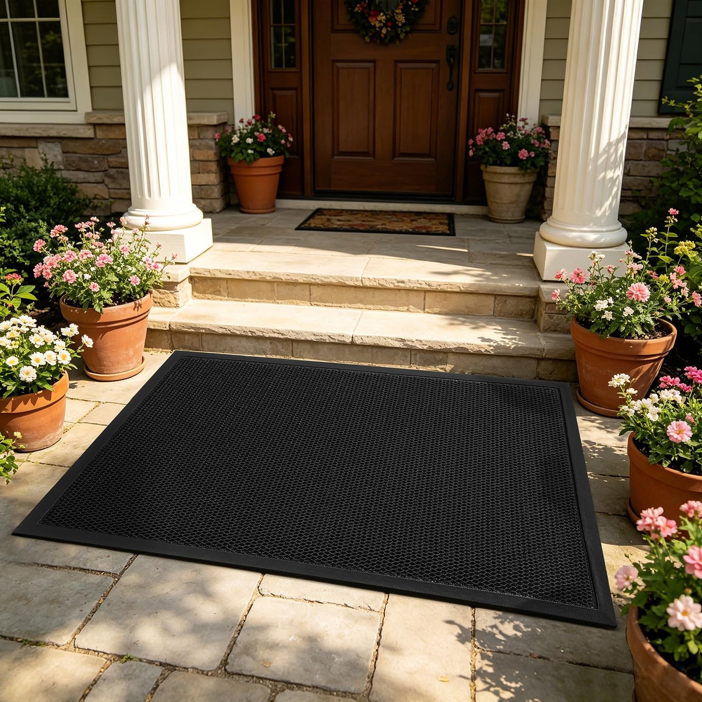 WELDUN Front Door Mat, Heavy Duty Non-Slip Rubber Dirt Trapper, Quick-Dry Low-Profile Washable Easy Clean, Welcome Mat for Indoor Outdoor Entryway Porch Patio Garage Mudroom 30"x17", Black