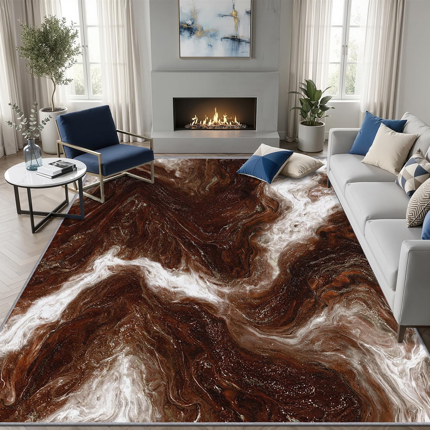 Aquailis Marble Rugs for Living Room - 2x3 Rug, Abstract Modern Area Rug, Brown Gold Marble Swirl Washable Non Slip Soft Rugs, Contemporary Carpet, Luxury Earth Tone Home Decor, Abstract Art Gifts