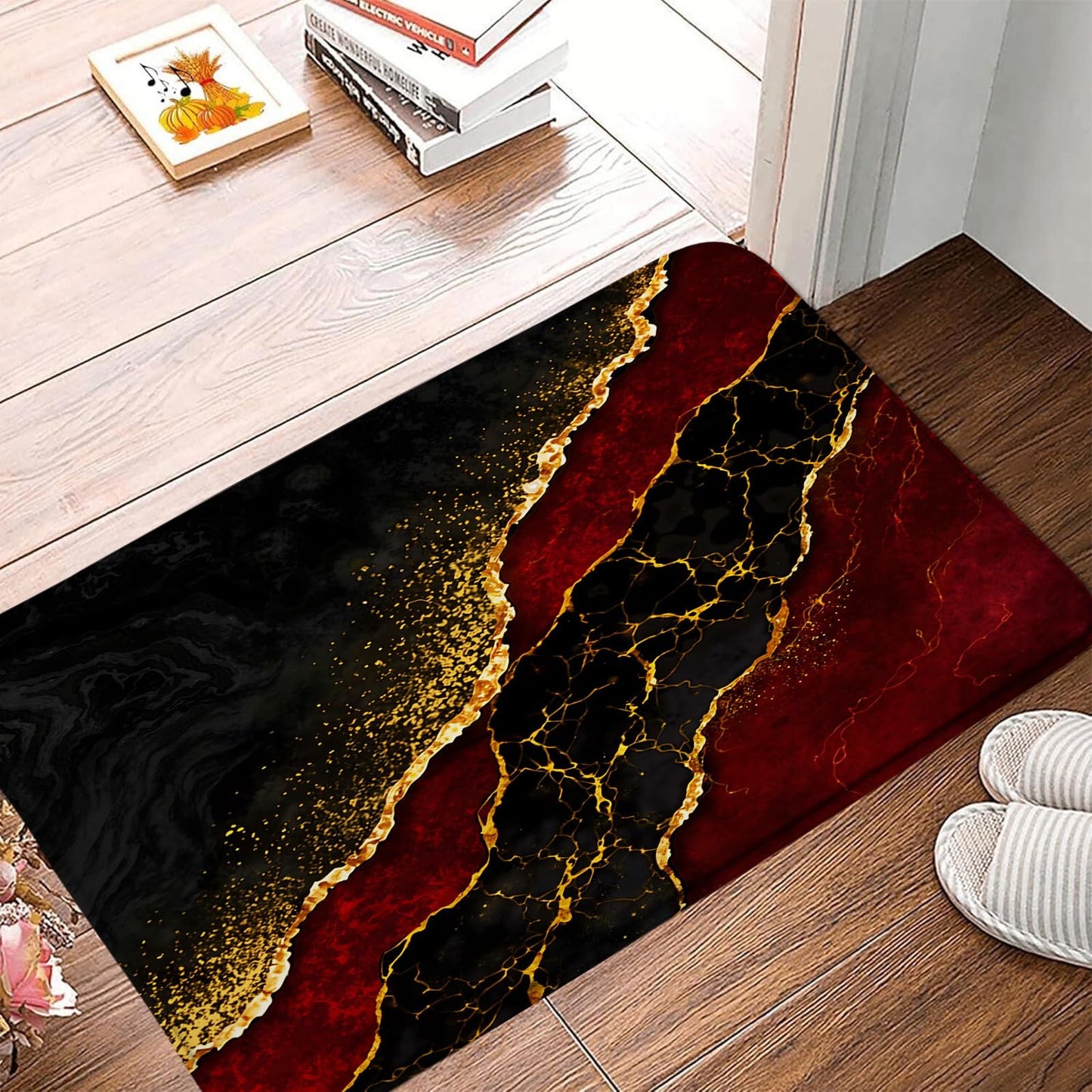 ZKJSMGS Red Marble Bath Mat Abstract Burgundy Maroon Marble Gold Veins Texture Crack Ink Luxury Geometric Creative Bath Rugs for Bathroom Kitchen,17.8x29.5 Inch