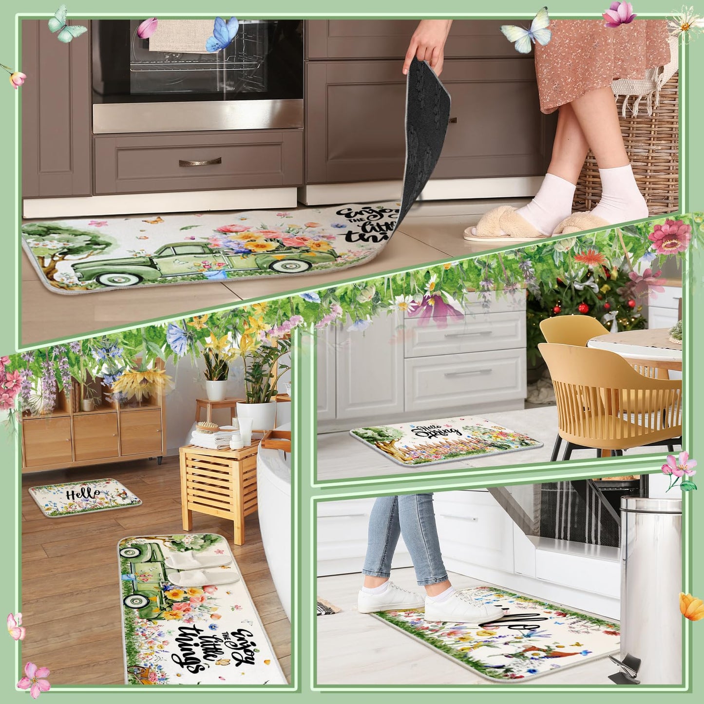 Maasechs 3 Pcs Hello Spring Kitchen Rugs and Mats Set Farmhouse Spring Floral Gnome Rugs Non Slip Washable Spring Floor Mats Rubber Backing Carpet Runner Rug Spring Kitchen Decor for Home Indoor Decor