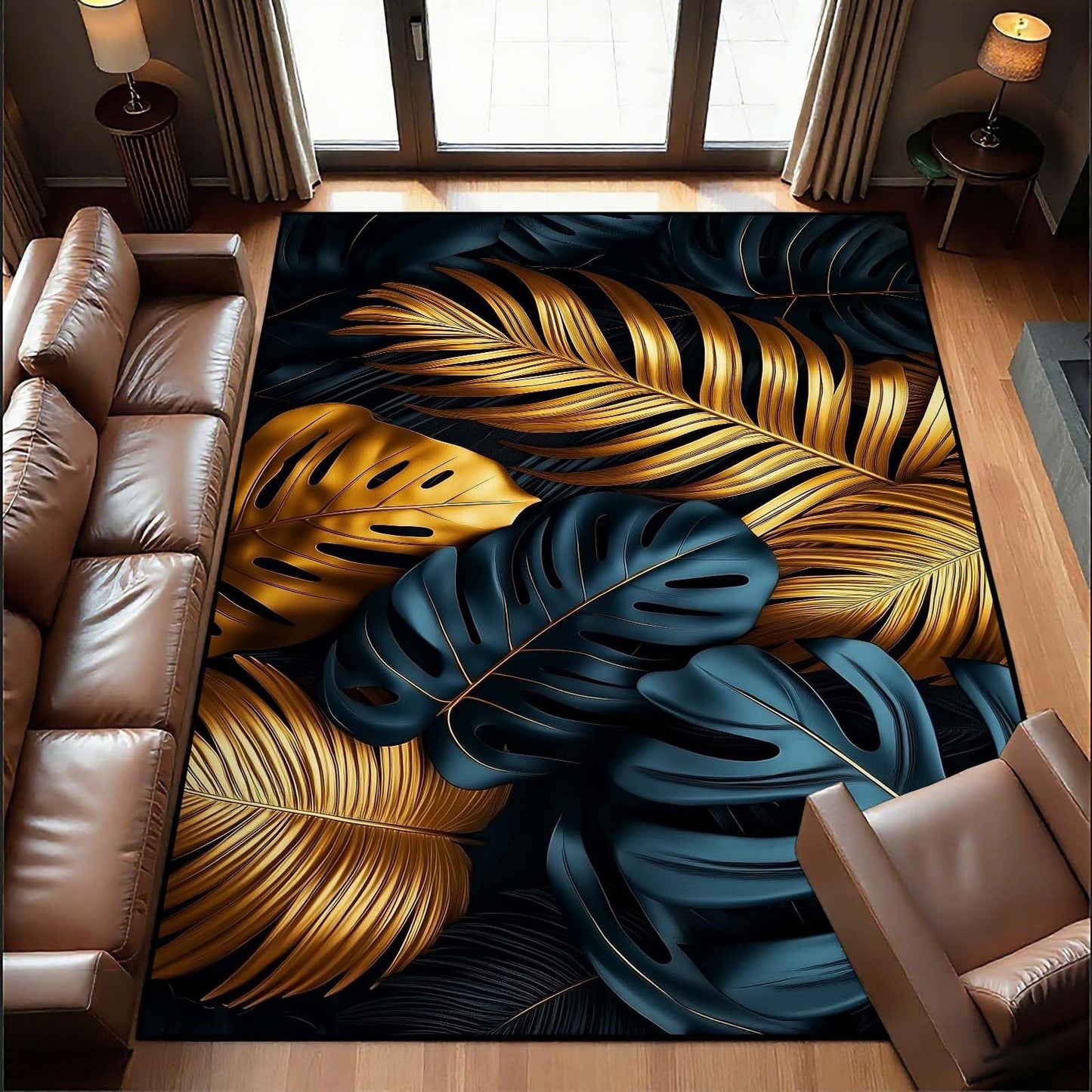 Black Gold Tropical Plant Area Rug, Luxury Botanical Palm Leaf Rug, Monstera & Palm Leaf Rugs, Washable Non-Slip Soft Low Pile Modern Luxury Leaves Carpet for Living Room (4' x 6'(Rectangular))