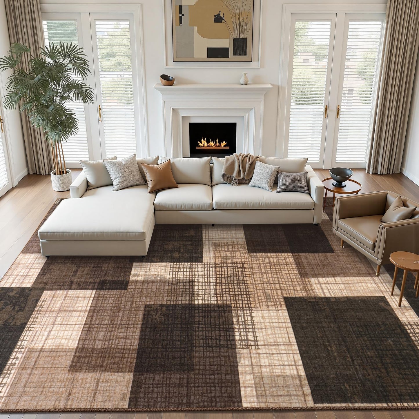 Modern Indoor Area Rug for Living Room, 8x10 Large Low Pile Geometric Patchwork Rug for Bedroom, Dining Room, Office, Hardwood Floors Home Decor, Non-Slip Faux Wool Machine Washable Area Rugs, Brown