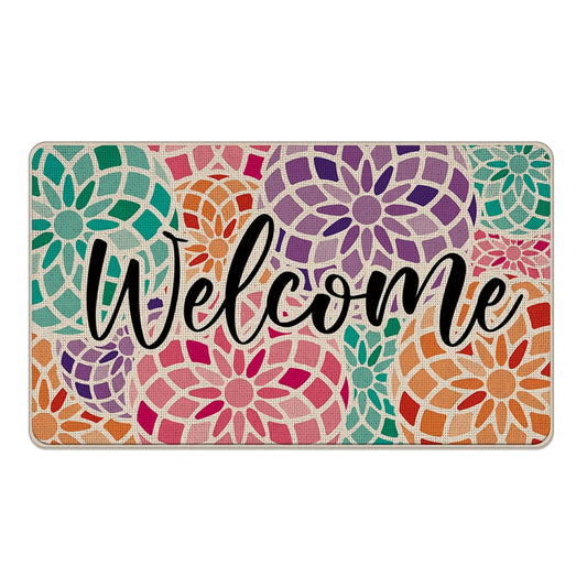 Livcoz Colorful Welcome Front Door Mat, Mosaic Geometric Floral Decorative Doormat Non-Slip Floor Entryway Rug, Flower Low Profile Indoor Outdoor Home Kitchen Decoration 17'' x 29''