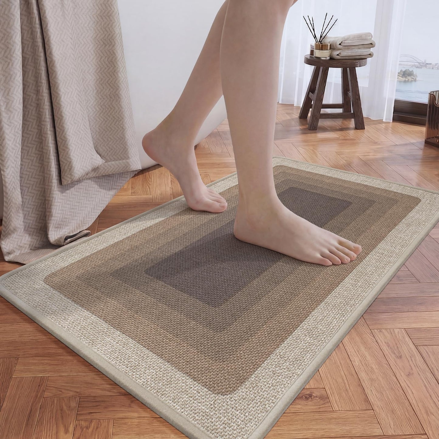 QiCaiJia Ultra Thin Bath Mat Bathroom Rugs, Quick Dry Super Absorbent Washable Bath Shower Mats, Rubber Backing Non Slip Bathroom Rug Fit Under Door, Brown 16x24