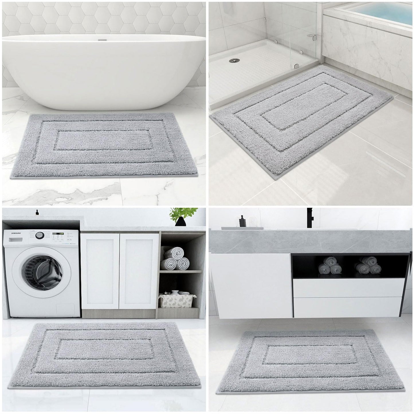 Buganda Bathroom Rugs, 24" x 16", Soft and Absorbent Microfiber Bath Rugs, Non-Slip Shaggy Shower Carpet, Machine Wash Dry Bath Mats for Bathroom Floor, Tub and Shower, Grey