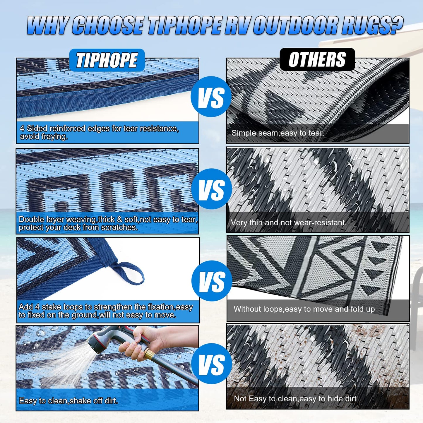 TIPHOPE 9X12FT RV Outdoor Rug with Carrying Bag, Portable Patio Mats Waterproof Outdoor Camping Rugs for Outdoor, Patio, RV, Picnic, Beach, Backyard, Deck,Easy Clean