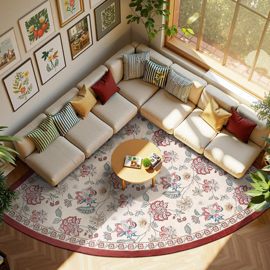 jinchan Elora Floral Corner Rug for Living Room Washable Bedroom Rug Vintage Romance Design Non Slip Quarter Circle Lightweight Low-Pile Throw Carpet for Reading Nook Playroom,8ft Radius, Red/Beige