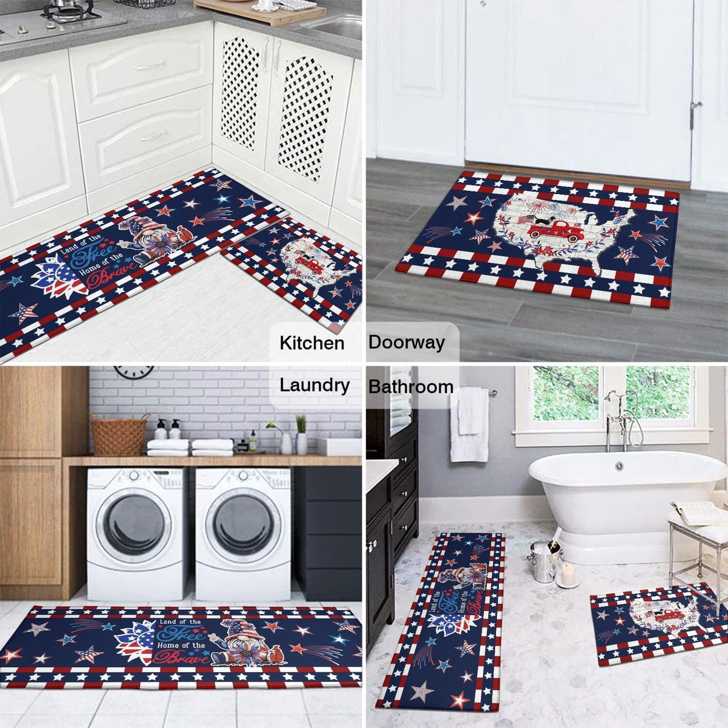 American Patriotic Farmhouse Kitchen Rugs Sets of 2,4th of July Memorial Day Independence Day Mats for Floor,Liberty Freedom Non Slip Holiday Decor Mat for Sink, Laundry, Office 17"x 47"+17"x 30"