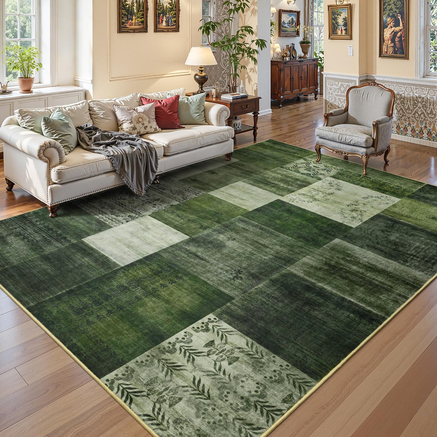 DweIke Washable Area Rugs 4x6 for Living Room, Modern Geometric Green Soft Patchwork Carpet, Non-Slip Stain Resistant Throw Rug for Bedroom Dining Room Office Home Decor