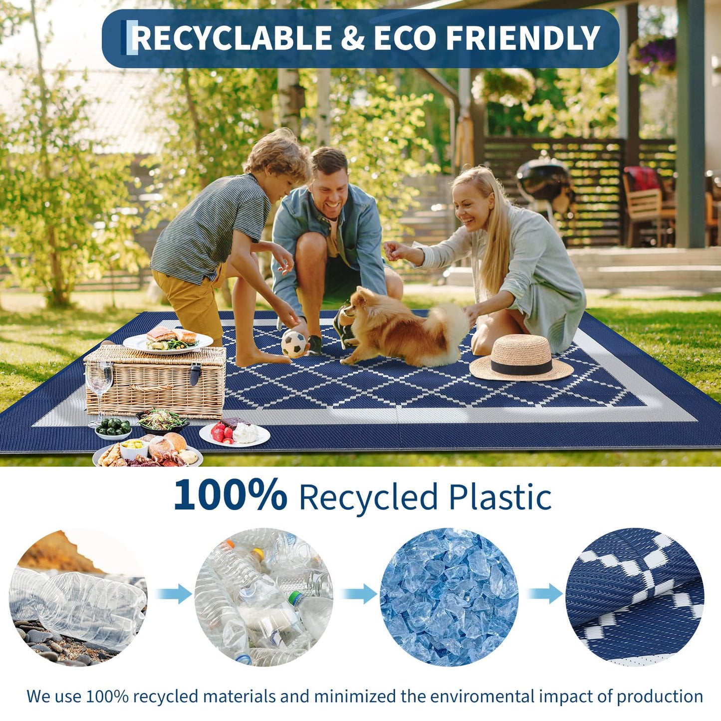 COZYLOOM Outdoor Patio Rug 9x18 Waterproof Reversible Plastic Straw Mat, Large Indoor Outdoor Rugs Modern Area Rug for Deck, Balcony, Pool, Camping, Beach, Picnic, Porch, RV, Navy&White