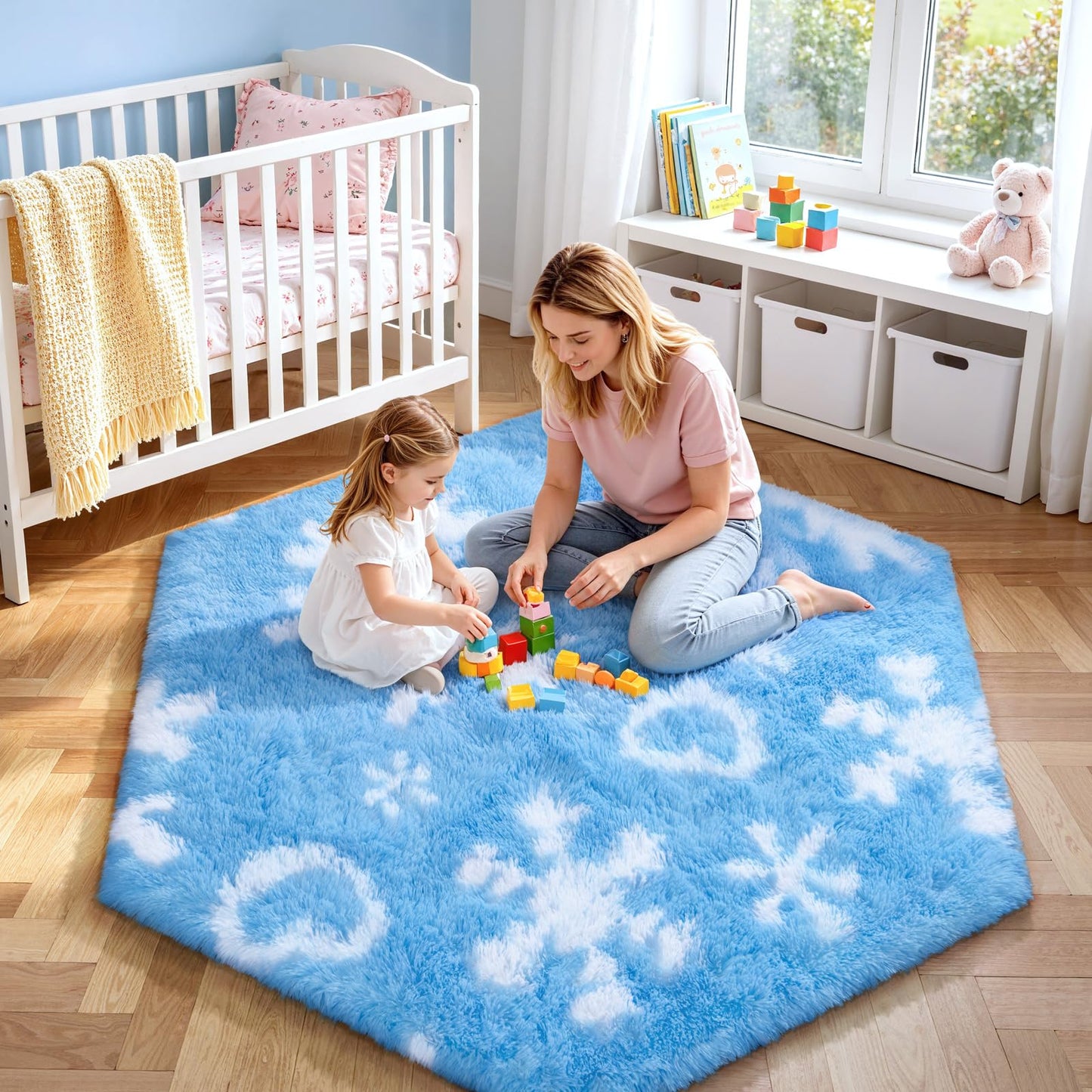 KIXINWA Hexagon Rug for Bedroom, 4x4.6 Area Rug for Living Room, Fluffy Carpet for Girls Kids Nursery Dorm Room, Soft Shag Non Slip Floor Rugs, Home Décor Carpet, Machine Washable, Blue Frozen