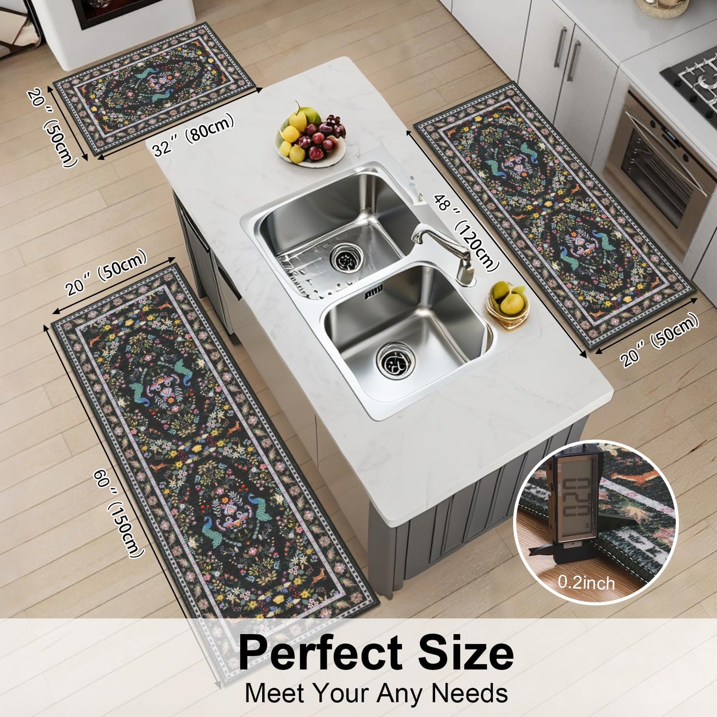 HEBE Washable Kitchen Rugs Sets of 3, Non Slip Absorbent Kitchen Rugs and Mats, Farmhouse Stain Resistant Kitchen Mat Carpet Runner for Kitchen Floor, Laundry Room, Hallway