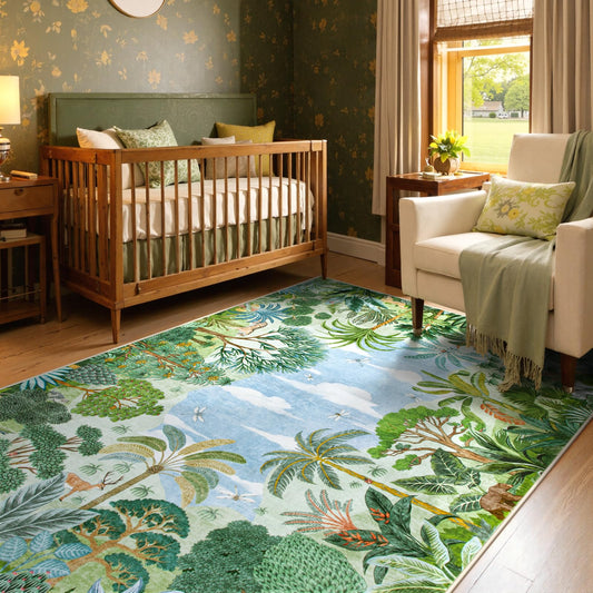 Lahome Jovence Summer Jungle Rug, Washable Rugs 5x7 for Bedroom, Green Forest Soft Carpet for Living Room, Summer Season Non Slip Non Shedding Dining Room Carpet for Under Table Classroom Entryway