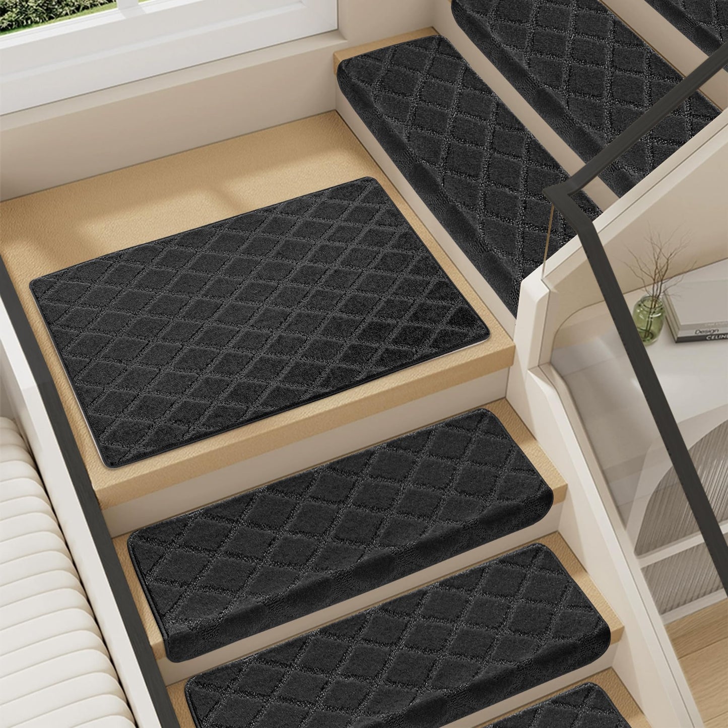 NEKL Bullnose Stair Landing mat, Peel and Stick Carpet Stair Treads for Wooden Steps Indoor with Adhesive Non-Slip Backing - Diamond Pattern - Black