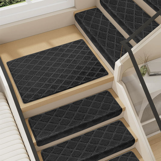 NEKL Bullnose Stair Landing mat, Peel and Stick Carpet Stair Treads for Wooden Steps Indoor with Adhesive Non-Slip Backing - Diamond Pattern - Black