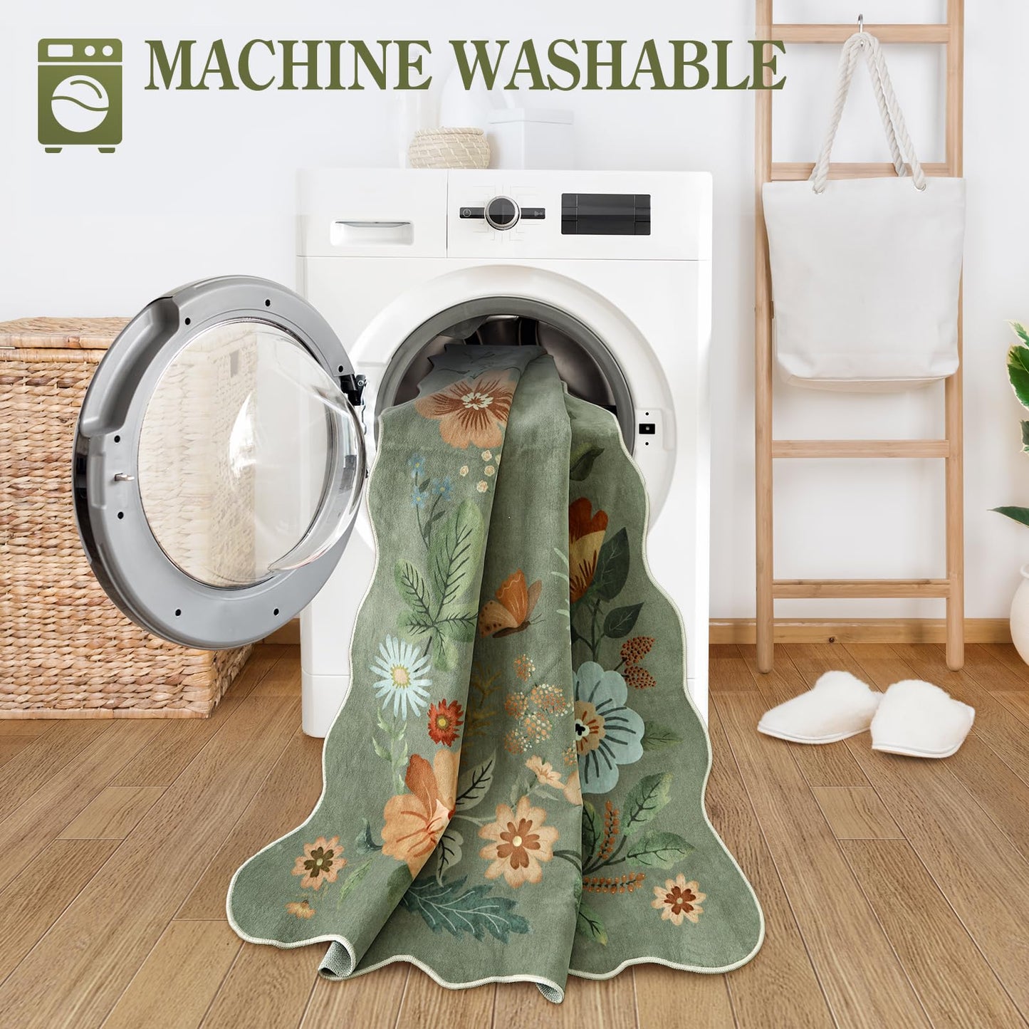 Lahome Floral Rugs for Entryway, 2X3 Washable Kitchen Rugs Ultra-Thin Soft Rug, Non Slip Indoor Door Mat Stain Resistant Boho Small Flore Throw Carpet for Bathroom Bedroom (2x3ft,Green)