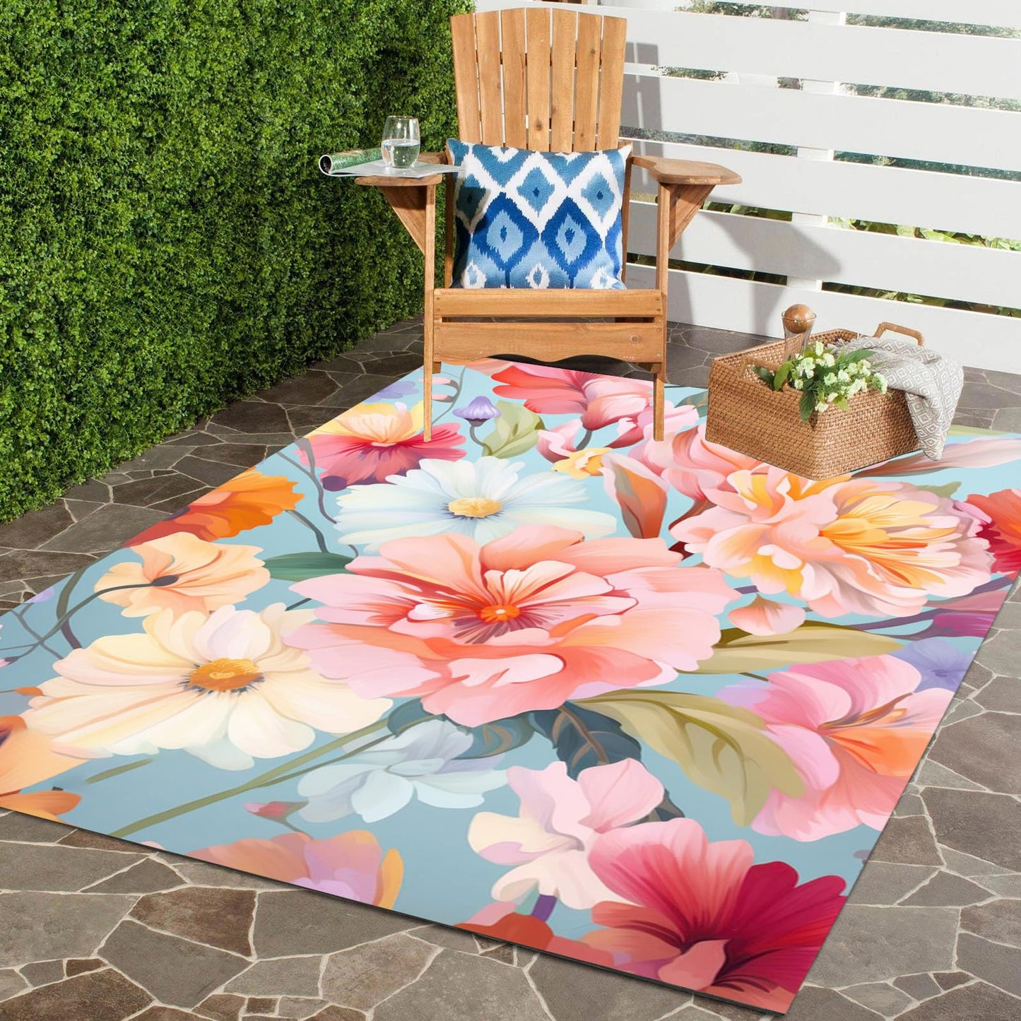 Outdoor Flower Rug with Anti Slip Backing Vibrant Waterproof 2x3 Area Rugs for Patio Deck Balcony Camping Garden Porch Large Floral Outside Carpet Peach Pink Blue Aesthetic Thick Mat