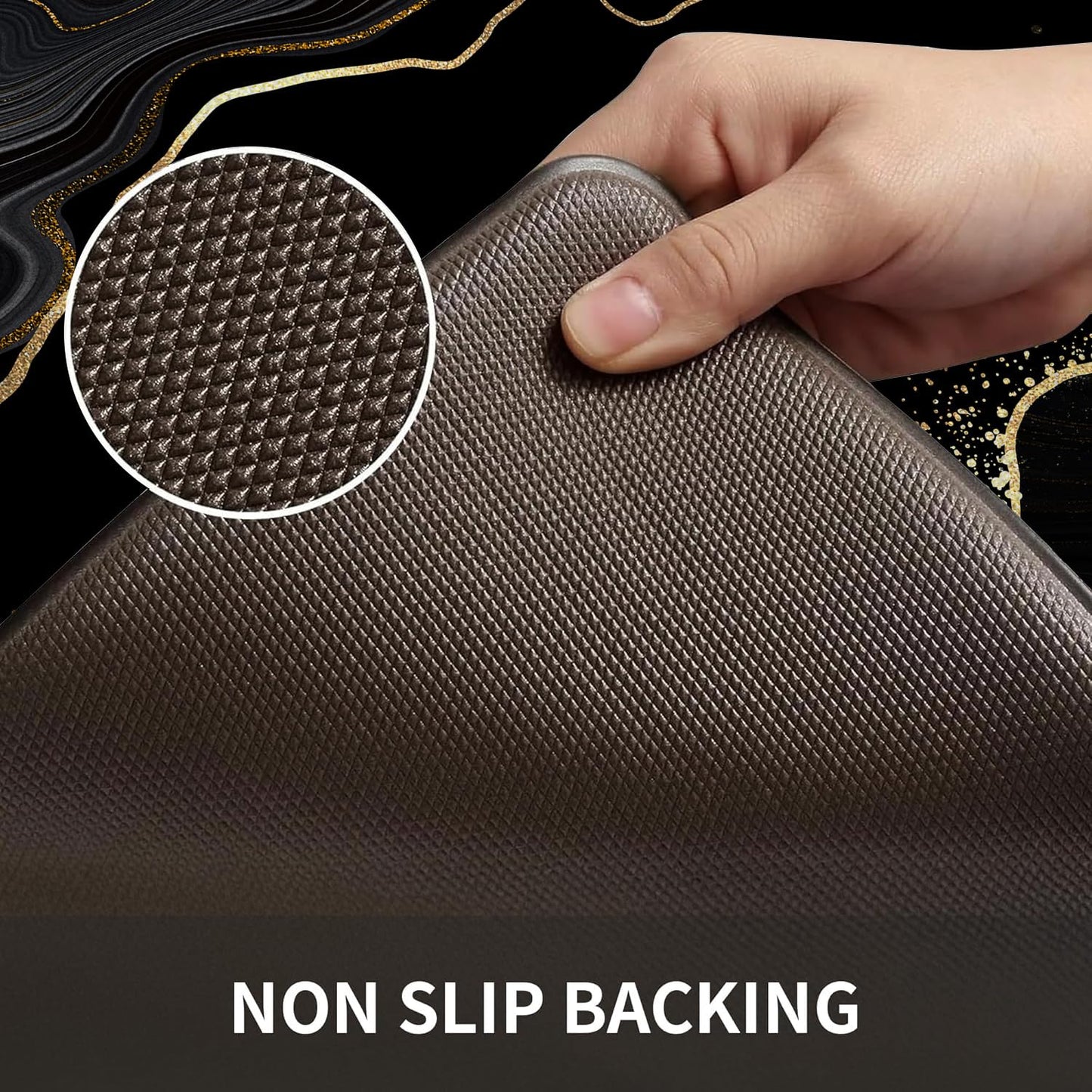 Azppsad Kitchen Mats Set of 2, Cushioned Anti Fatigue Non Slip Waterproof Runner, Black and Gold Marble Design, PVC Memory Foam, 17.3"x47" and 17.3"x29" Rectangle Rugs for Kitchen Sink and Laundry