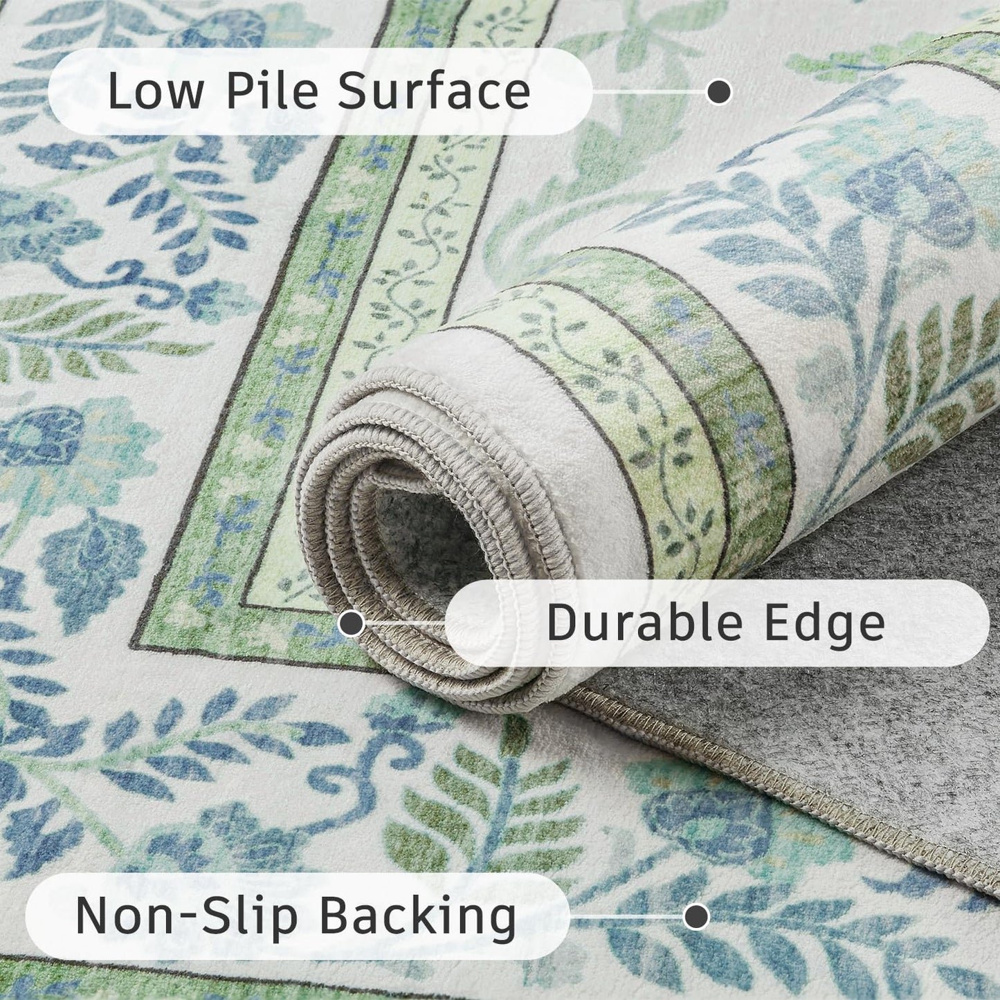 DCX Green 5x7 Rug, Kid & Pet Friendly with Rubber Back Non Slip, Machine Washable Stain Resistant Botanical Floral Rug for Living Room, Bedroom, Home Office, Soft Low Pile Large Nursery Carpet