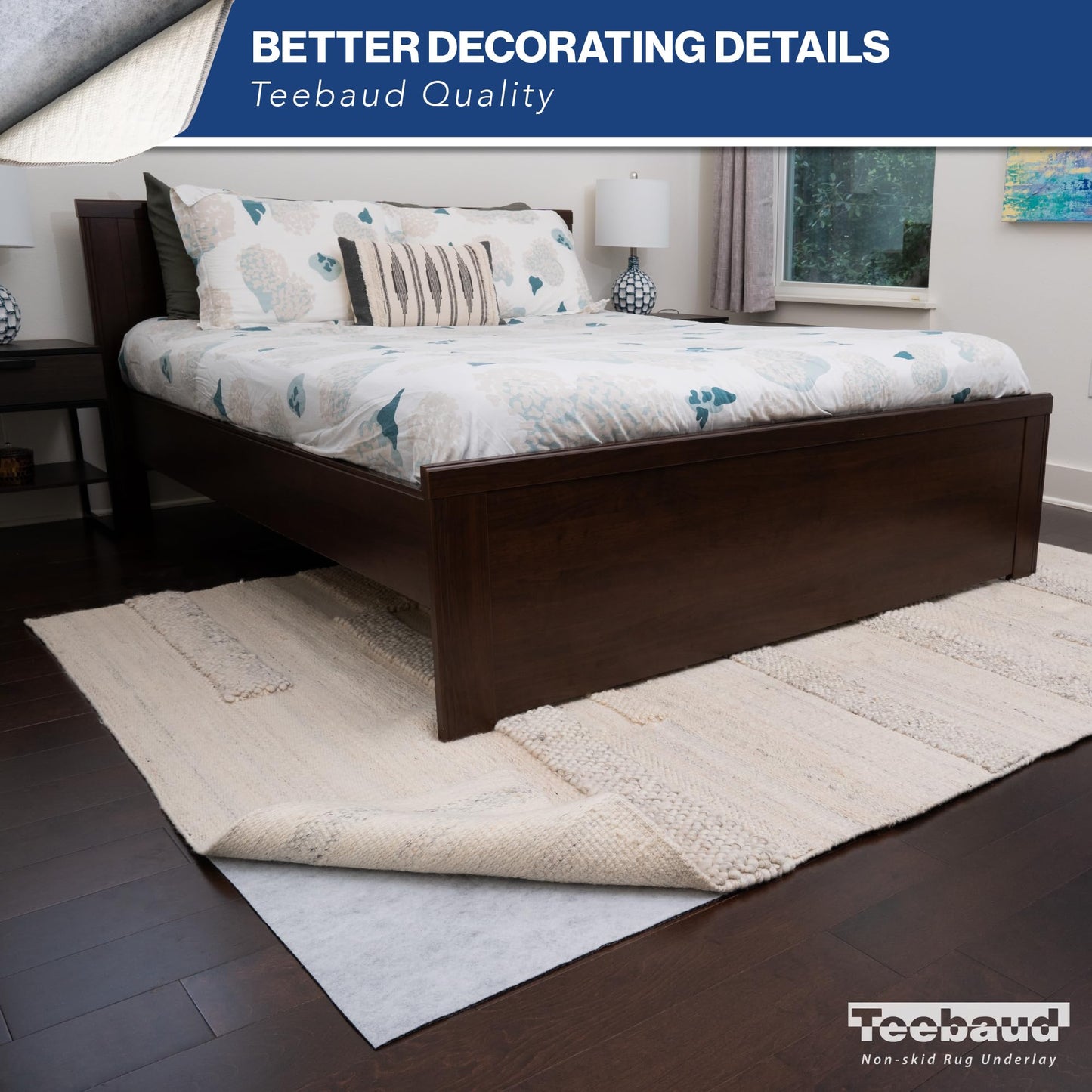 Teebaud 2' x 8' Non-Slip Rug Pad, Reversible Gripper, Non Skid Pads for Hardwood, Vinyl, Tile, Laminate Floors, Keep Area Rugs Secure, Natural Materials Safe for Indoor Flooring, ¼” Thick