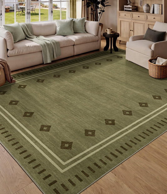 YIHOUSE Green Diamond Bordered Bedroom Rugs 5x7, Non-Slip Washable Farmhouse Rug for Living Room, Low-Pile Indoor Carpets, Stain-Resistant Vintage Rugs for Dining Room, Office