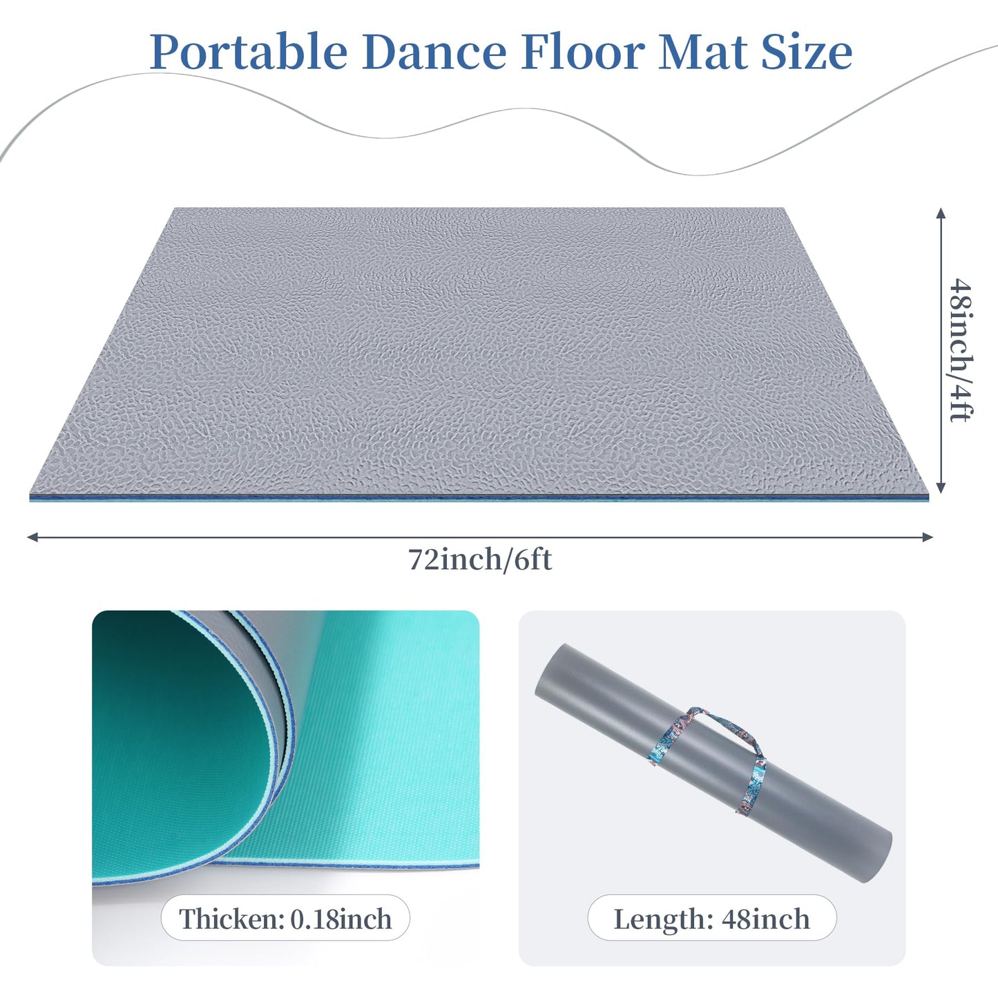 SINBDLAI Portable Dance Floor Mat, 4Ft x 6Ft Dance Floor with Straps for Ballet Jazz & Pop, 4.5mm Durable Non-Slip Grey PVC Exercise Flooring, Great for Home, Dance Schools