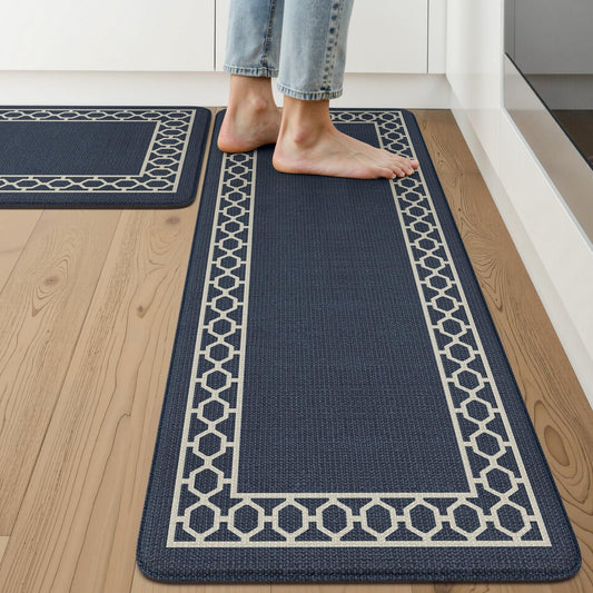 LEEVAN Kitchen Mats for Floor Set of 2,Anti Fatigue Mats for Kitchen Floor,Navy Blue Cushioned Non Slip Boho Standing Mat,Waterproof Memory Foam Comfort Kitchen Floor Mat for Sink(17"x29"+17"x47")