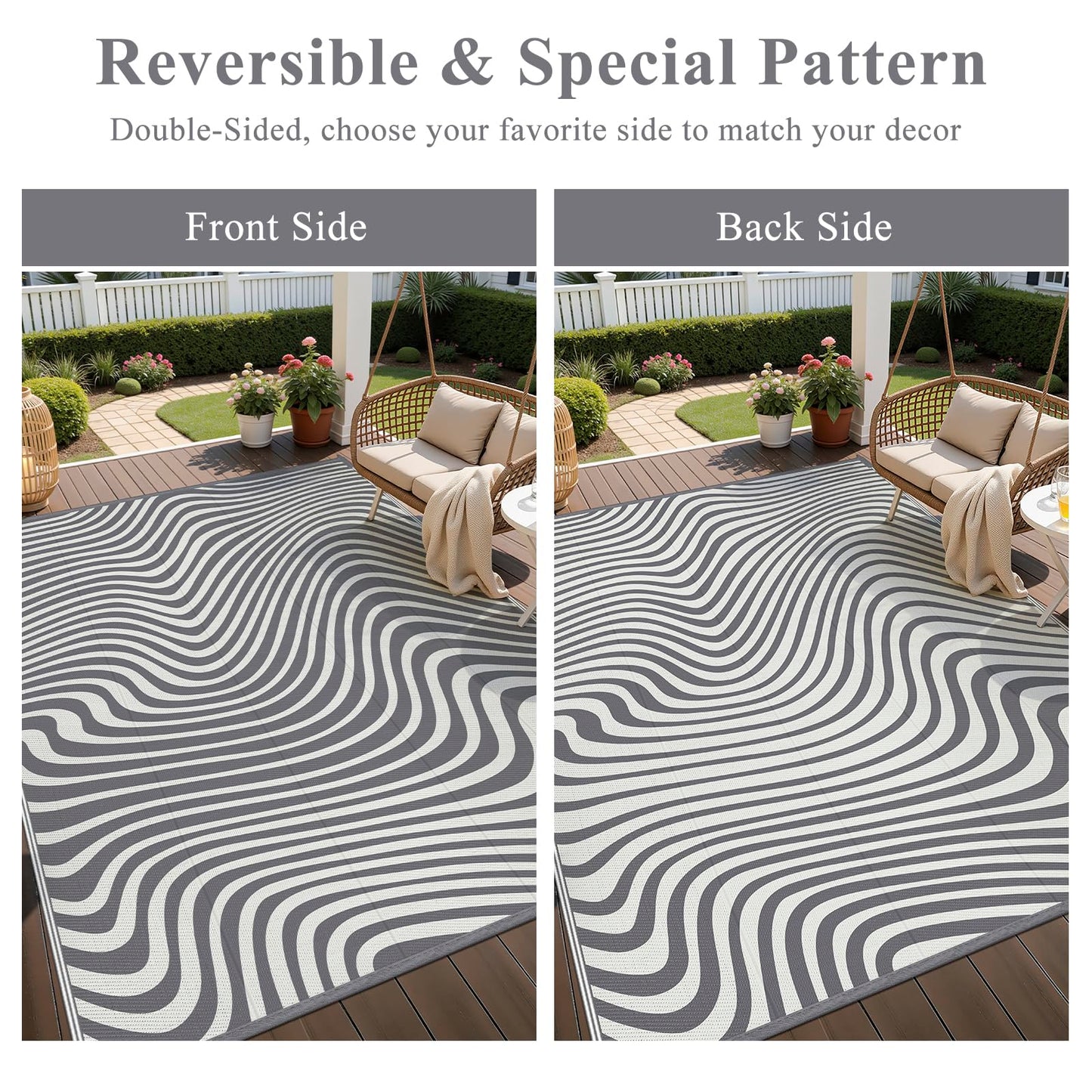 Vaukki Outdoor Patio Rug 5x8, Waterproof Woven Plastic Straw Camping Area Mat, Grey RV Striped Outside Reversible Carpet Clearance for Porch Backyard Deck Balcony