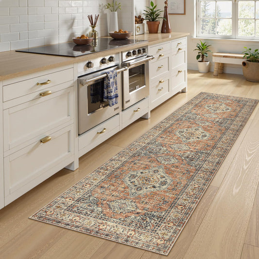 Lahome Oriental Washable Kitchen Runner Rug Non Slip, 2x8 Bathroom Runners for Hallways with Rubber Backing, Vintage Soft Long Carpet for Laundry Bedroom Eleanor, Peach/Orange