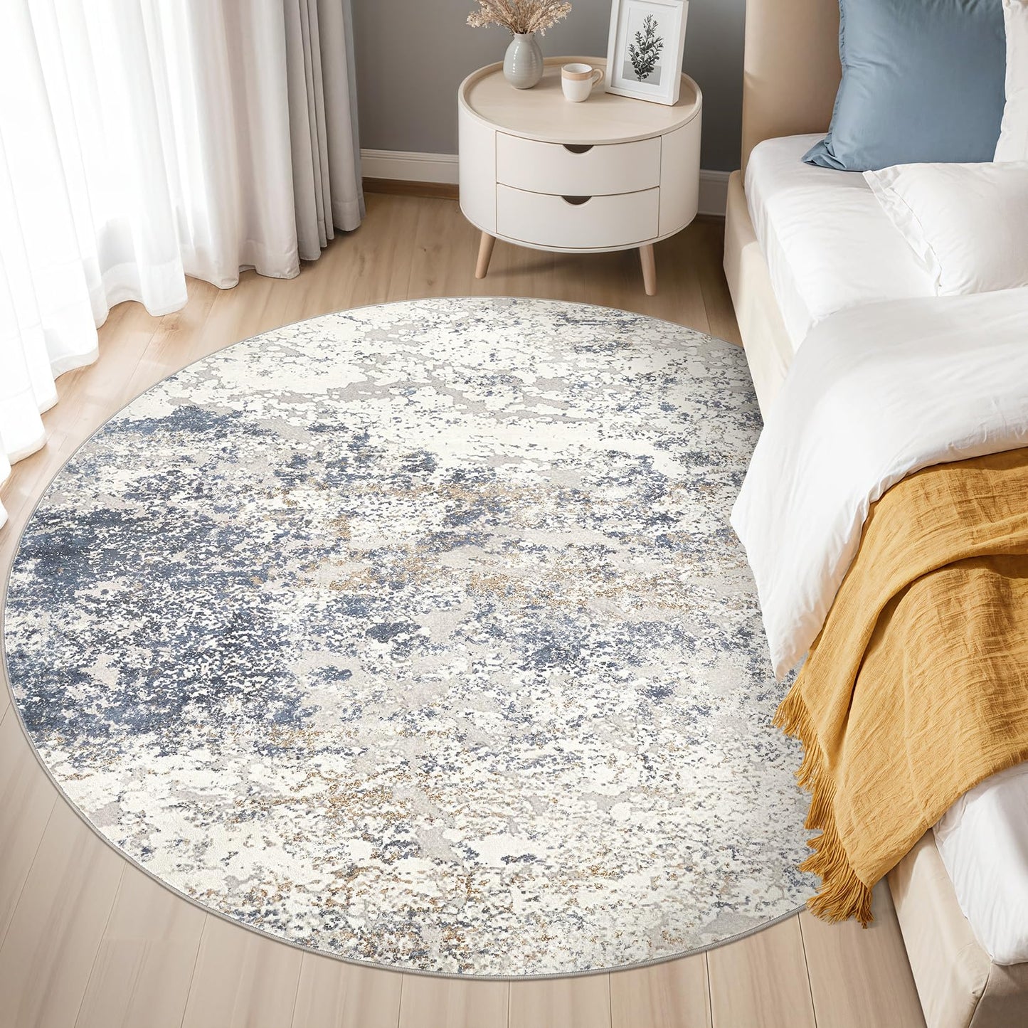 DMOYEST 5ft Round Area Rug Living Room Rugs - 5x5 Washable Large Soft Indoor Neutral Modern Abstract Low Pile Rug Carpet for Bedroom Dining Room Farmhouse Home Office - Beige Blue