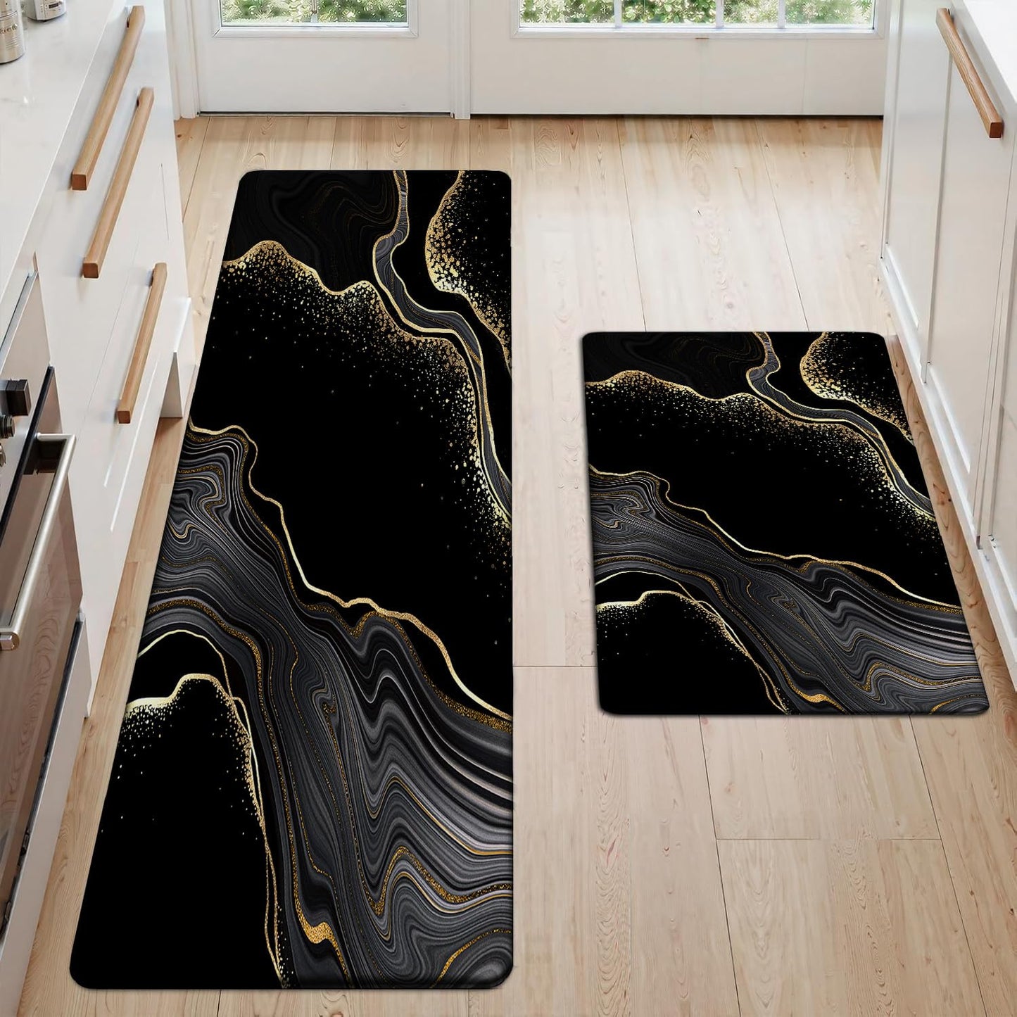 Azppsad Kitchen Mats Set of 2, Cushioned Anti Fatigue Non Slip Waterproof Runner, Black and Gold Marble Design, PVC Memory Foam, 17.3"x47" and 17.3"x29" Rectangle Rugs for Kitchen Sink and Laundry