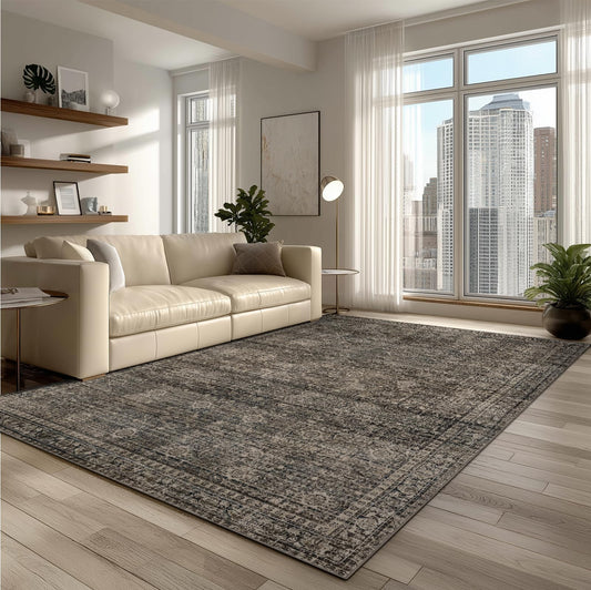 Washable 6x9 Area Rug for Living Room, Carpet for Bedroom Dining Room, Non Slip&Non-Shedding Resistant Low Pile Vintage Print Rug for Home Office (Brown)