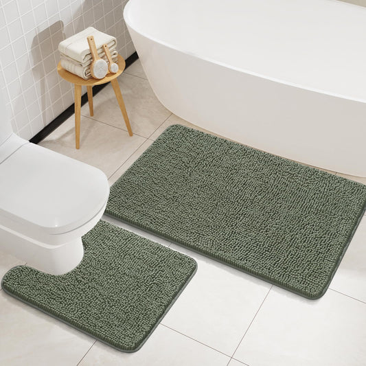 LOCHAS Bathroom Rugs Sets 2 Piece, Soft Non Slip Bath Mat Set, 20''x20'' U-Shaped Toilet Rug and 34''x21'' Sage Green Bath Rugs, Washable Absorbent Chenille Toilet Rug Set for Bathroom, Shower