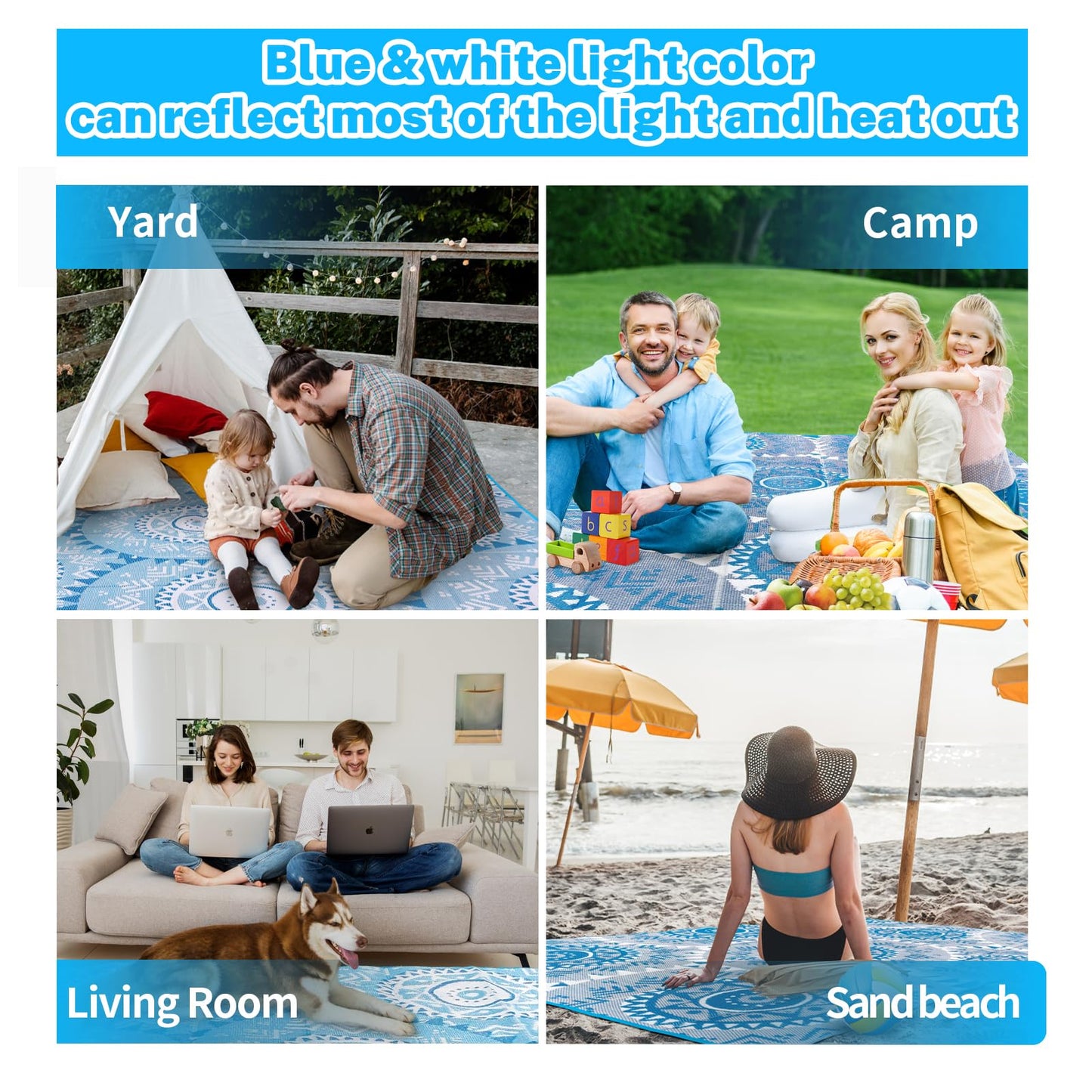 Alfolo Waterproof Outdoor Rug 8'x10'Plastic Straw Reversible Boho Blue & White Lightweight Patio Rug for Deck,Backyard,RV Camping,Poolside, Stain & UV Resistant Fade Proof Portable Outdoor Carpet