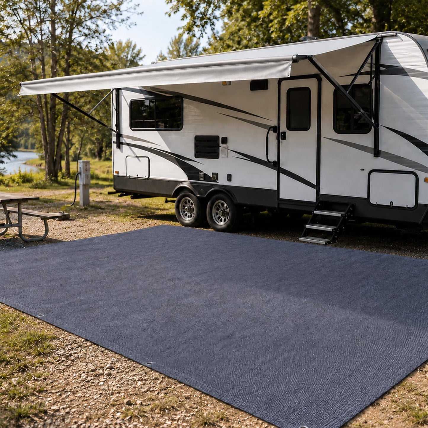 xihakey RV Outdoor Mat 10x10 FT Reversible HDPE Camping Mat - Blue-Gray